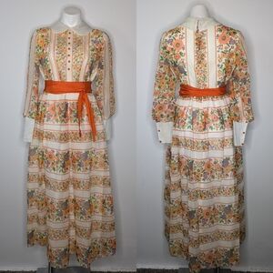 Vintage 70s cream orange floral ribbon sash long sleeve dress M/L